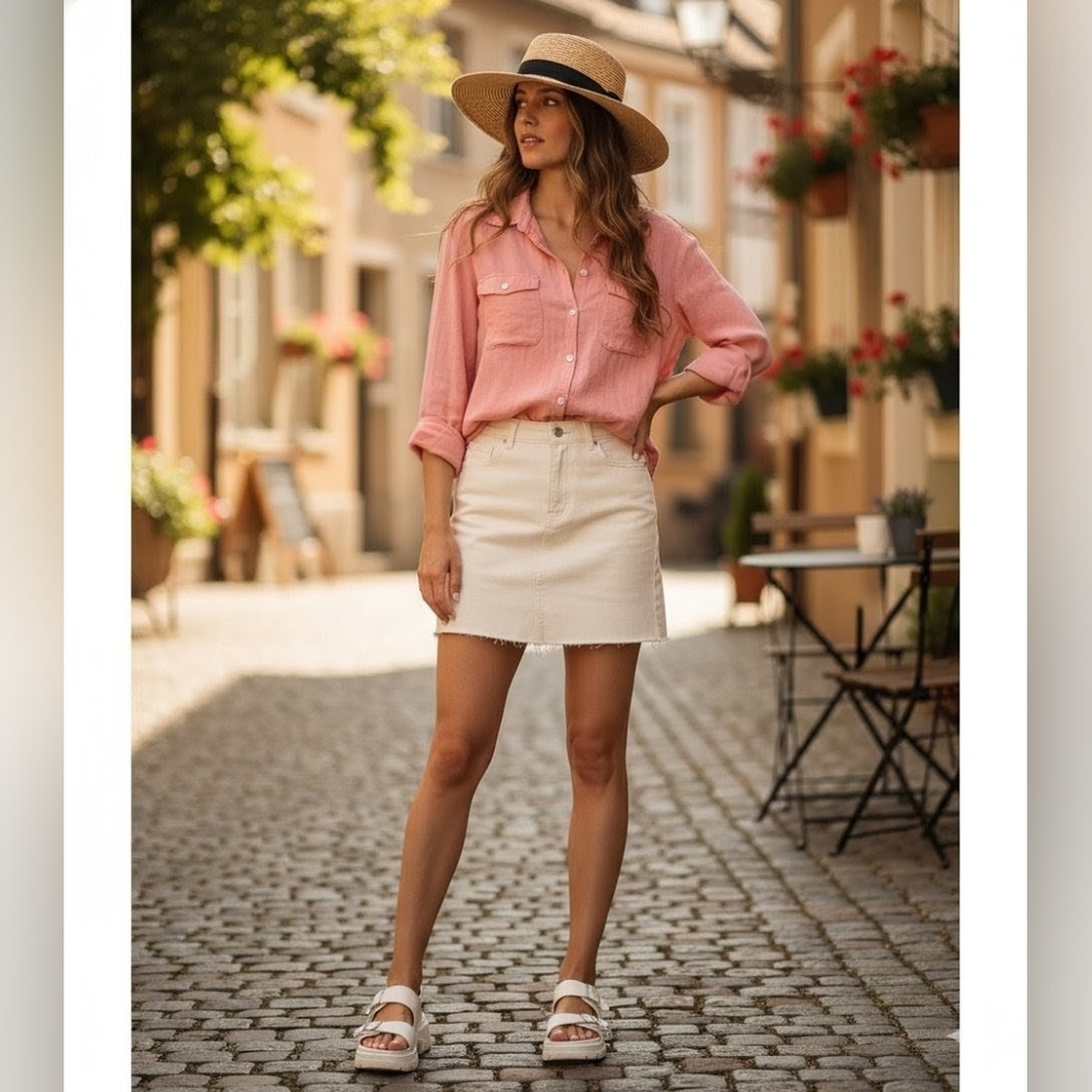 🩷 Organic Cotton Pink Mini Gingham Lightweight Cool Comfy Button Down Shirt M S
